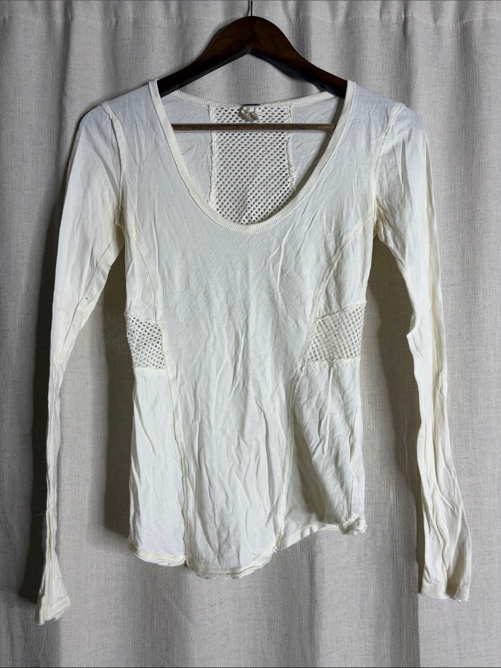 Free People Cream Long-Sleeve Scoop Neck Top with Mesh Insets